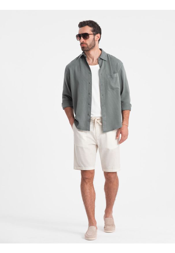 Ombre Clothing - Męskie krótkie spodenki z dodatkiem lnu - kremowe V2. Okazja: na co dzień. Kolor: kremowy. Materiał: len. Długość: krótkie. Sezon: lato. Styl: wakacyjny, casual