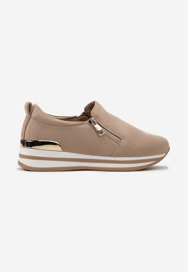 Born2be - Ciemnobeżowe Sneakersy z Krótkim Suwakiem i Niską Platformą Vinewas. Kolor: beżowy. Obcas: na platformie