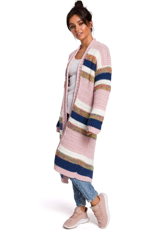 BE Knit - Kolorowy długi sweter kardigan narzutka z modnym splotem. Materiał: materiał, akryl. Długość rękawa: długi rękaw. Długość: długie. Wzór: ze splotem, kolorowy