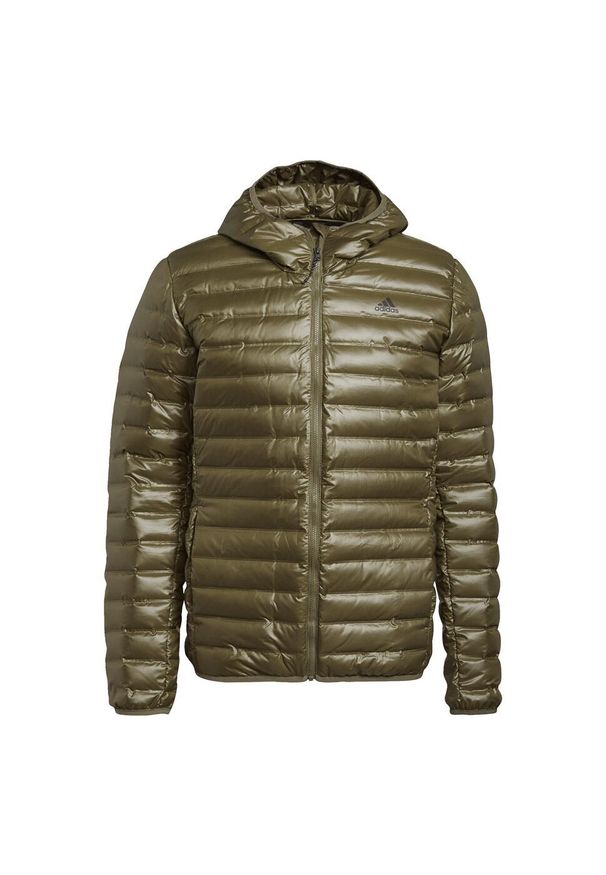 Adidas - Varilite Hooded Down Jacket. Kolor: zielony. Materiał: puch. Sport: turystyka piesza