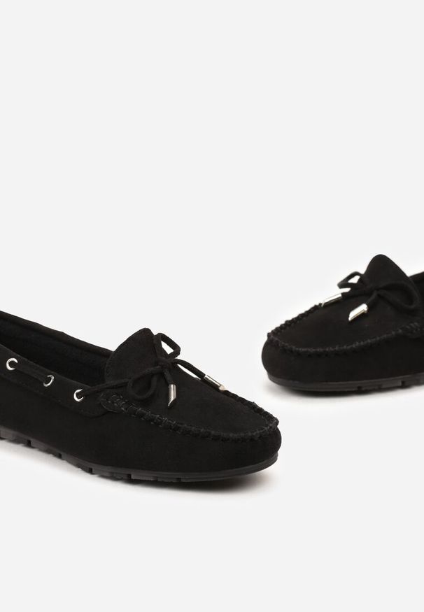 Born2be - Czarne Mokasyny z Ozdobną Kokardką i Wiązaniami po Bokach Vimedia. Okazja: na co dzień. Kolor: czarny. Materiał: jeans. Styl: casual