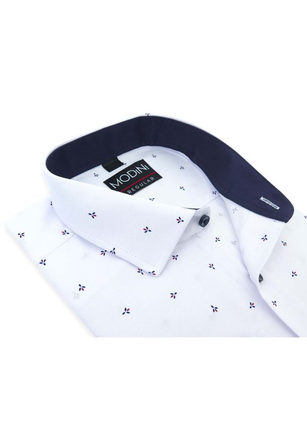 Modini - Biała koszula męska w granatowo-czerwony wzorek Y44. Kolor: biały, wielokolorowy, czerwony, niebieski. Materiał: bawełna, poliester, tkanina