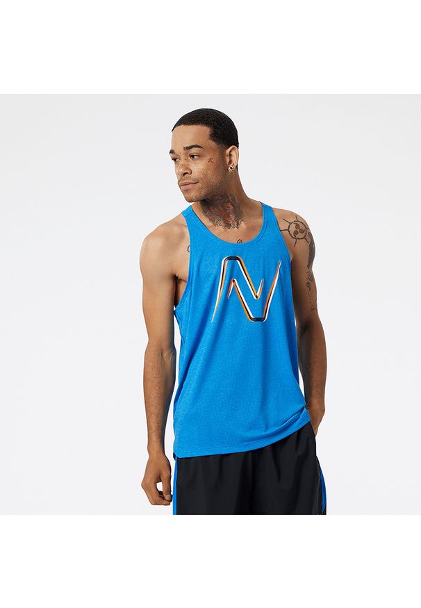 Koszulka męska New Balance MT21276SB8 – niebieska. Kolor: niebieski. Materiał: materiał. Długość rękawa: bez rękawów. Sport: fitness, bieganie