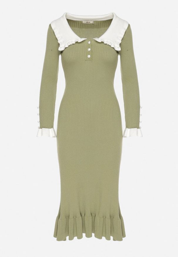 Born2be - Zielona Dzianinowa Sukienka Retro z Wiskozą z Kołnierzykiem i Falbanami Hanlira. Okazja: na co dzień. Kolor: zielony. Materiał: wiskoza, dzianina. Styl: retro