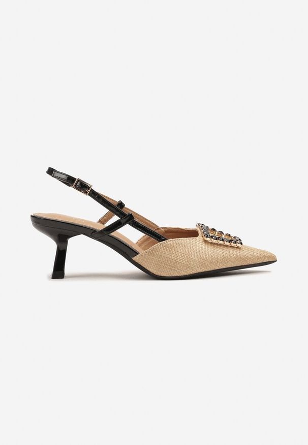 Renee - Czarne Sandały Slingback na Kaczuszce z Tweedowymi Wstawkami i Cyrkoniami Nalivna. Okazja: na spotkanie biznesowe, na co dzień. Kolor: czarny. Obcas: na szpilce. Styl: biznesowy, elegancki, casual. Wysokość obcasa: niski