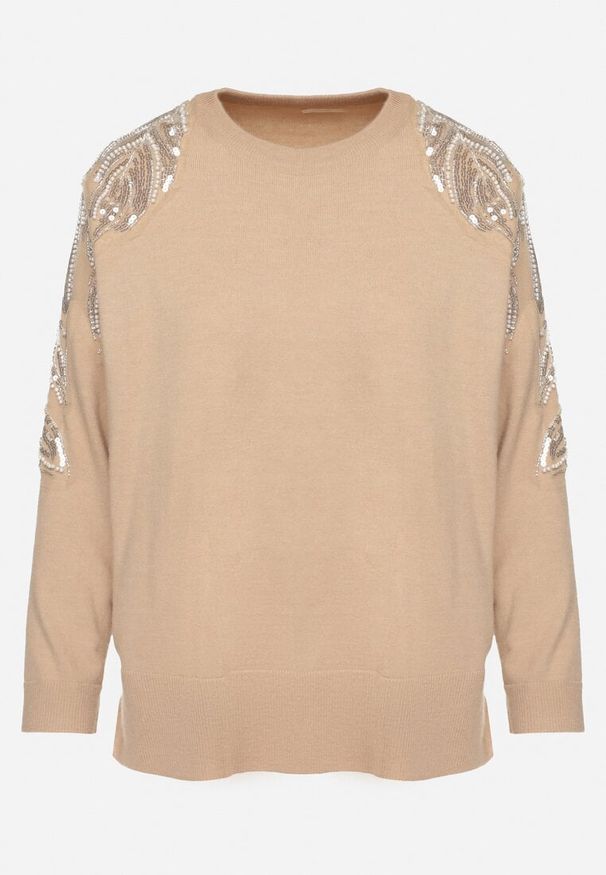 Born2be - Beżowy Sweter z Dodatkiem Modalu i Wiskozy z Perłami i Cekinami na Ramionach Ivenise. Kolor: beżowy. Materiał: wiskoza. Sezon: zima