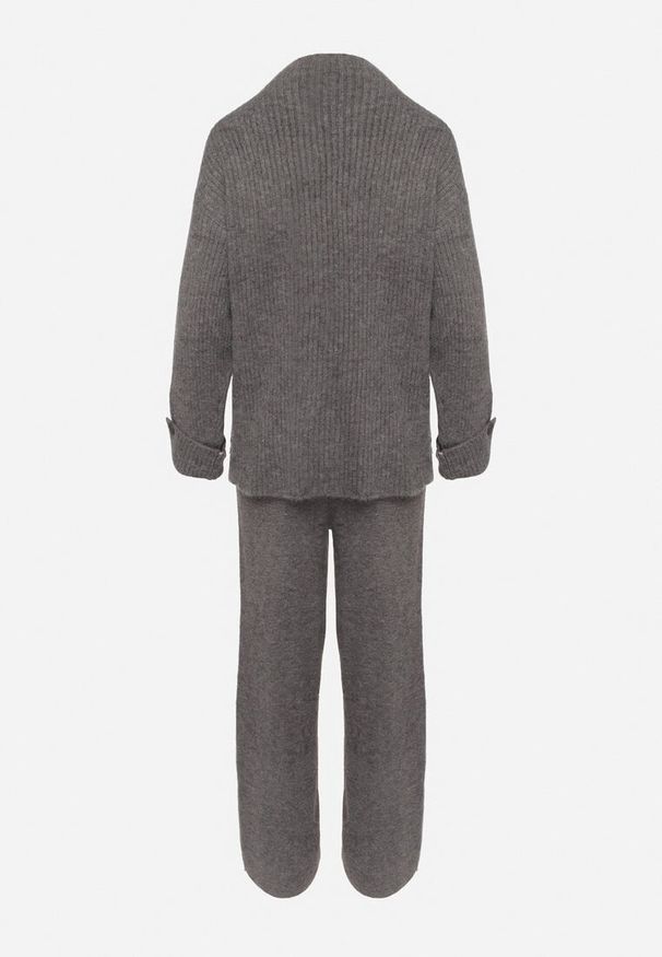 Born2be - Ciemnoszary Komplet z Bawełną i Wełną Sweter z Guzikami i Rozcięciem Szerokie Spodnie Sialita. Kolor: szary. Materiał: wełna, bawełna