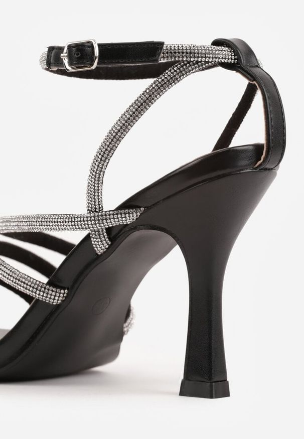Renee - Czarne Sandały na Szpilce z Paskami z Cyrkonii Miefia. Okazja: na imprezę. Zapięcie: pasek. Kolor: czarny. Wzór: aplikacja. Sezon: lato. Obcas: na szpilce. Styl: elegancki, klasyczny