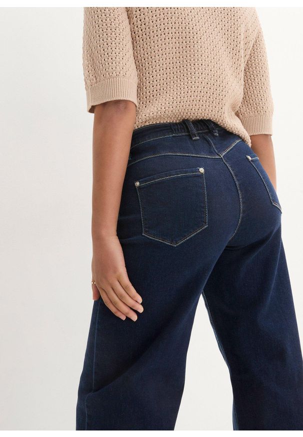 bonprix - Dżinsy wide leg, mid waist, z wygodnym pasem. Kolor: niebieski