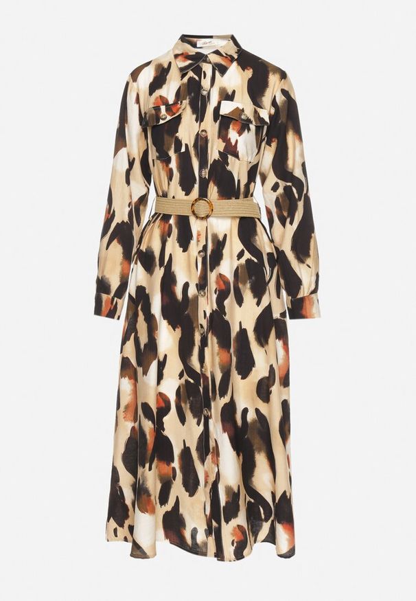 Born2be - Beżowa Koszulowa Sukienka Rozkloszowana w Abstrakcyjny Wzór z Plecionym Paskiem Miririda. Okazja: na co dzień. Typ kołnierza: dekolt w kształcie V. Kolor: beżowy. Materiał: materiał, wiskoza, jeans. Wzór: aplikacja. Typ sukienki: koszulowe. Styl: casual, elegancki