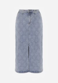 Renee - Niebieska Jeansowa Spódnica z Bawełny Zdobiona Printem w Romby i Rozcięciem Chrissna. Kolor: niebieski. Materiał: bawełna, jeans. Wzór: nadruk, aplikacja. Styl: elegancki #2
