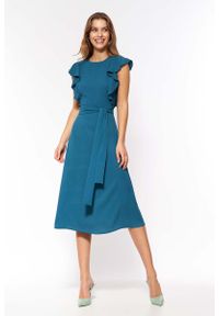 Nife - Sukienka midi z paskiem - Lazurowa. Kolor: niebieski. Materiał: poliester, elastan. Długość: midi