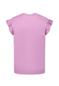 DSQUARED2 KIDS - Różowy t-shirt z falbankami 4-16 lat. Typ kołnierza: kołnierz z falbankami. Kolor: wielokolorowy, fioletowy, różowy. Materiał: bawełna. Długość rękawa: krótki rękaw. Wzór: napisy. Sezon: lato. Styl: klasyczny