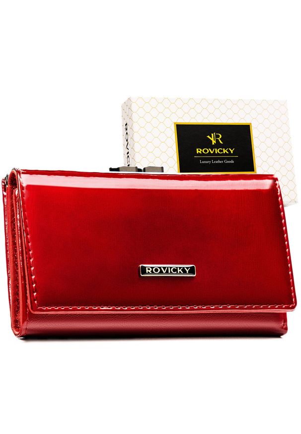 ROVICKY - Lakierowany portfel damski ze skóry naturalnej i ekologicznej w czerwonym kolorze - Rovicky. Kolor: czerwony. Materiał: lakier