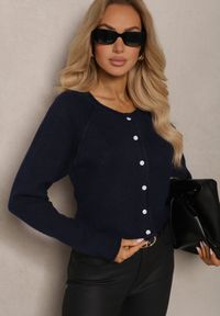 Renee - Granatowy Rozpinany Kardigan z Wełną Evelinae. Okazja: na spotkanie biznesowe, do pracy, na co dzień. Kolor: niebieski. Materiał: wełna. Styl: biznesowy, casual