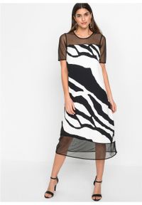 Sukienka midi z nadrukiem bonprix czarno-biały w paski zebry. Kolor: czarny. Wzór: nadruk, motyw zwierzęcy, paski. Długość: midi #6