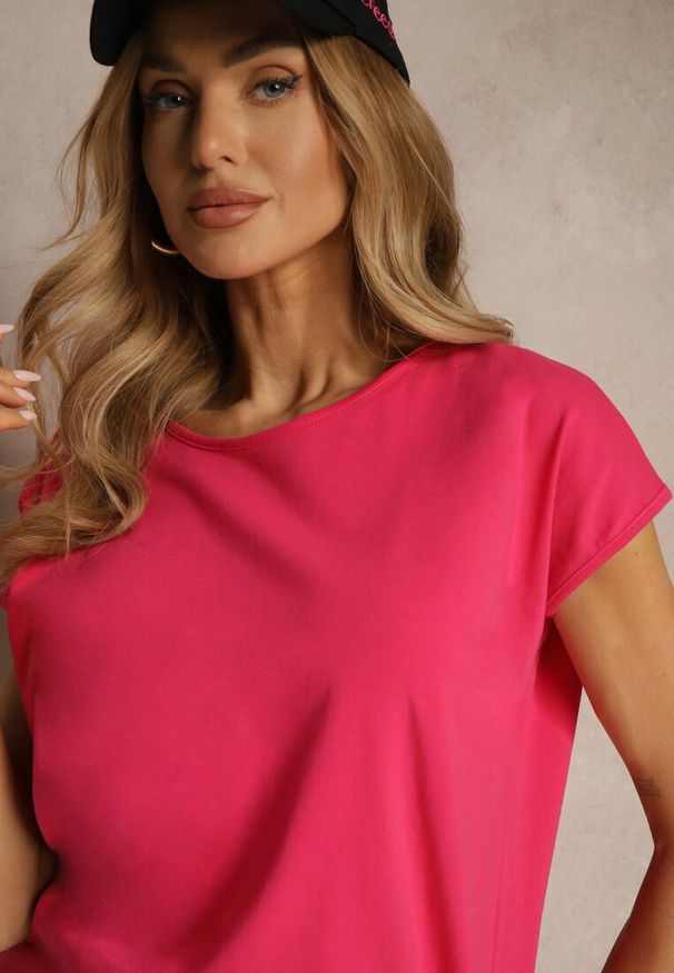 Renee - Różowy T-shirt z Bawełny z Ozdobnym Wiązaniem Termio. Okazja: do pracy, na spotkanie biznesowe. Kolor: różowy. Materiał: bawełna. Styl: biznesowy, klasyczny