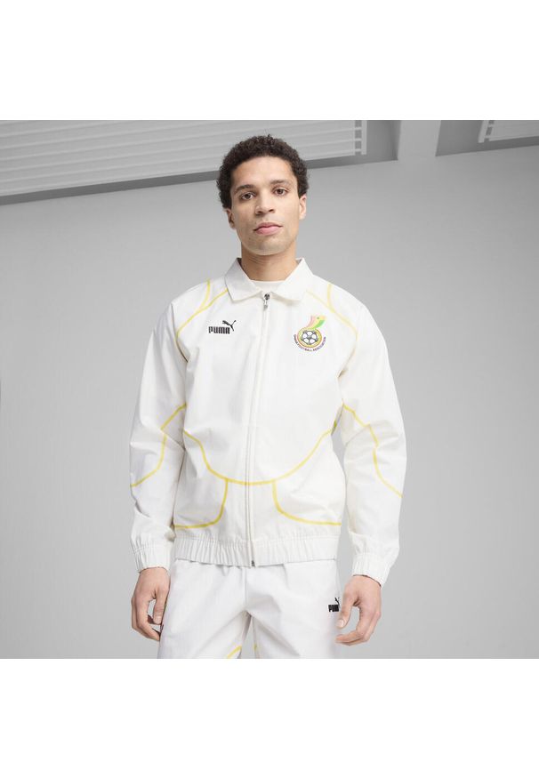 Puma - Męska kurtka dresowa Ghana ftblStatement PUMA White Pelé Yellow. Kolor: biały, wielokolorowy, żółty. Materiał: dresówka. Wzór: aplikacja. Sport: bieganie