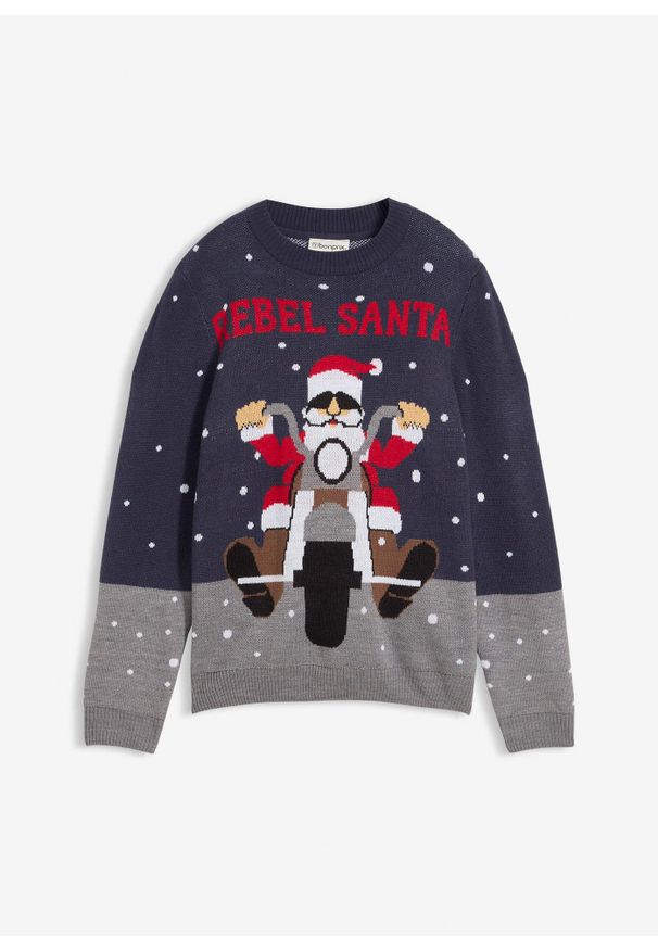 bonprix - Cienki sweter z motywem bożonarodzeniowym. Kolor: niebieski. Styl: wizytowy
