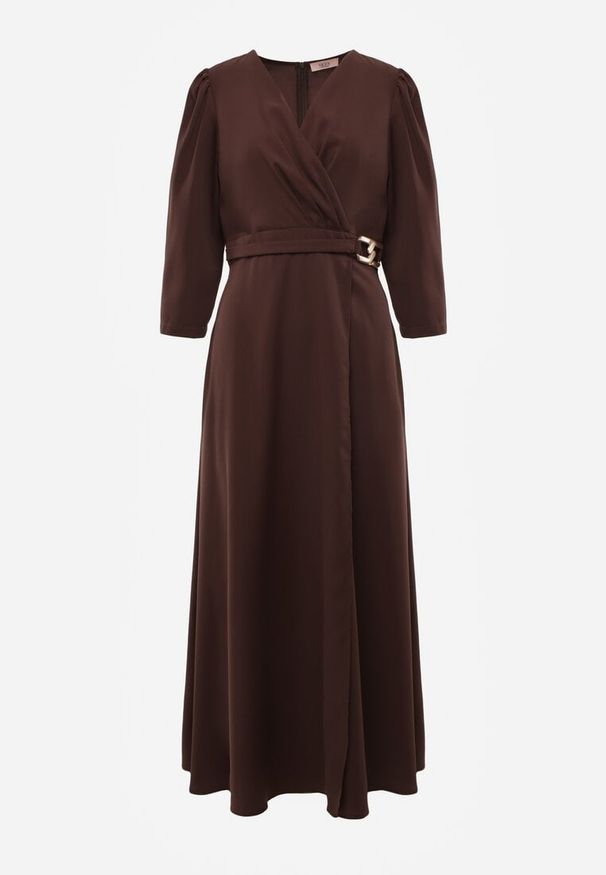 Renee - Brązowa Elegancka Sukienka o Kopertowym Kroju Zdobiona Aplikacją w Talii Zilendra. Kolor: brązowy. Wzór: aplikacja. Typ sukienki: kopertowe. Styl: elegancki