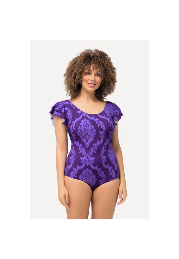 ULLA POPKEN - Damski Kostium kąpielowy ornamenty falbanki na ramionach miękkie miseczki. Kolekcja: plus size. Kolor: fioletowy. Materiał: materiał, elastan, poliamid