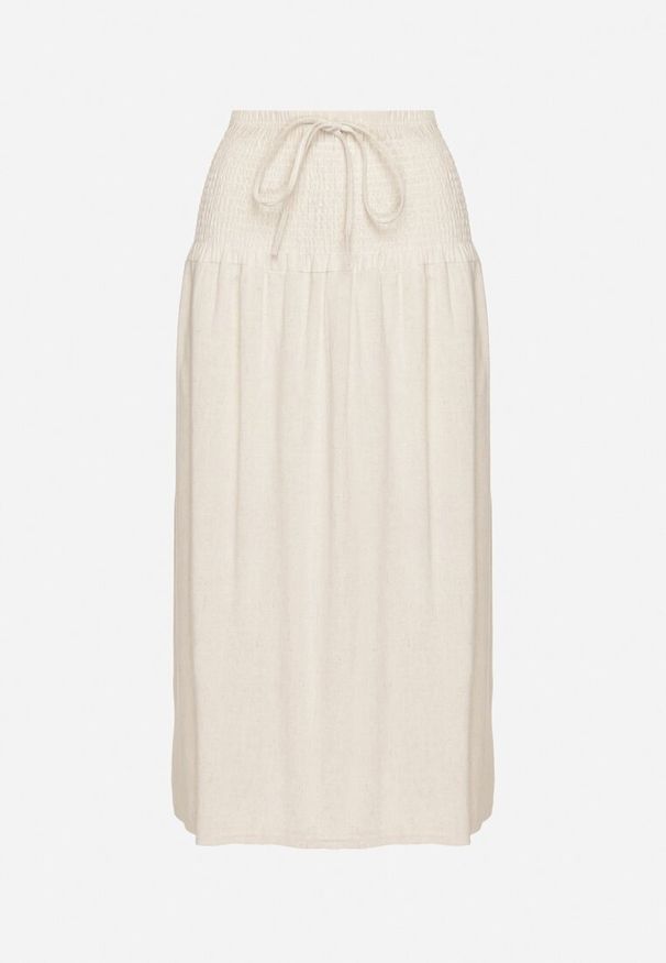 Born2be - Beżowa Rozkloszowana Spódnica z Lnem Wiskozą i Wysokim Stanem Lumesare. Okazja: na co dzień, na spacer. Stan: podwyższony. Kolor: beżowy. Materiał: len, wiskoza. Wzór: aplikacja. Sezon: lato. Styl: casual, elegancki