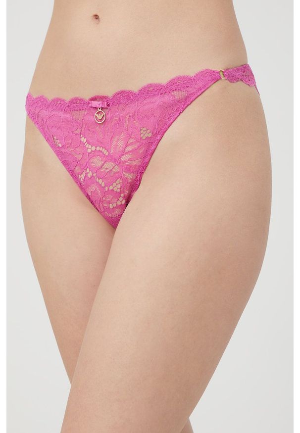 Emporio Armani Underwear stringi 164542.2R218 kolor fioletowy z koronki. Kolor: fioletowy. Materiał: koronka. Wzór: koronka