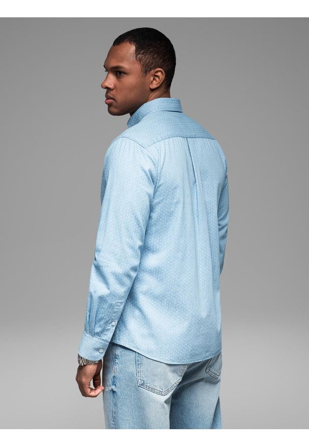 Ombre Clothing - Wzorzysta koszula męska z cienkiego jeansu z kieszonką – jasnoniebieska V1 OM-SHDS-0179 - XXL. Okazja: na co dzień. Kolor: niebieski. Materiał: jeans. Wzór: gładki. Styl: klasyczny, casual