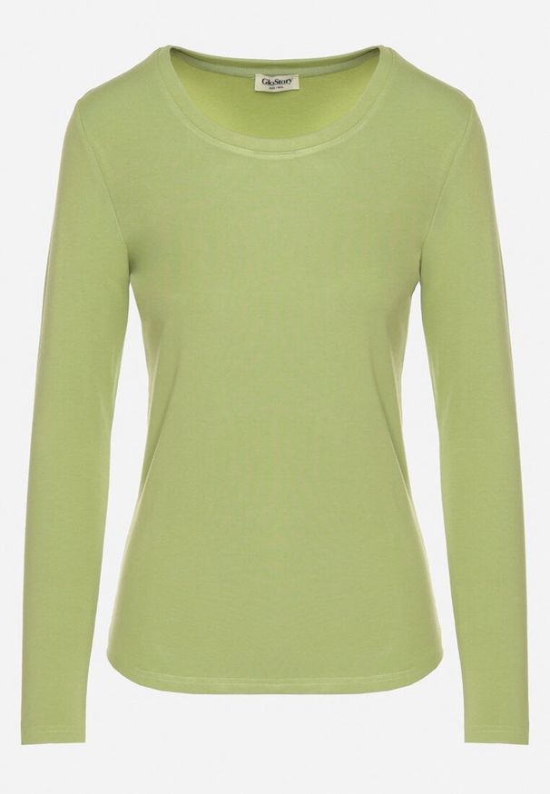 Born2be - Zielona Bluzka Typu Longsleeve z Okrągłym Dekoltem Unelessa. Kolor: zielony. Materiał: jeans. Długość rękawa: długi rękaw. Styl: elegancki, klasyczny