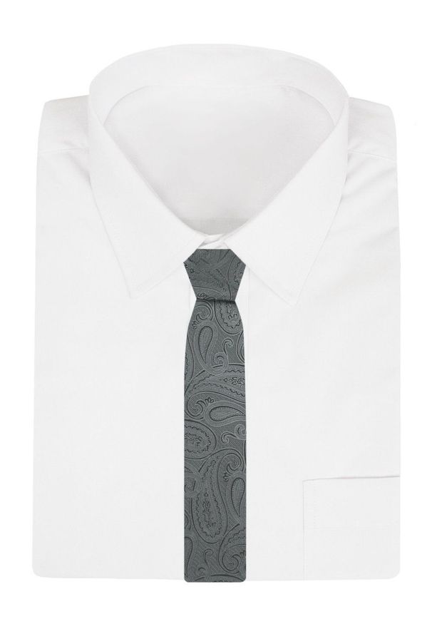 Krawat Męski - Angelo di Monti - Stalowy ze Wzorem Paisley. Kolor: szary. Materiał: tkanina. Wzór: paisley. Styl: elegancki, wizytowy