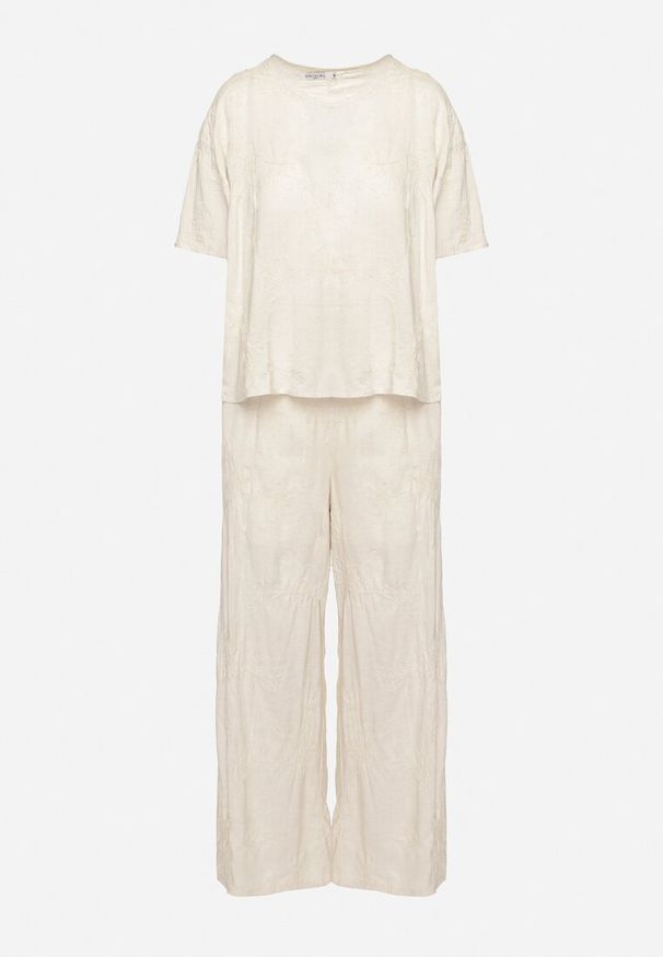 Born2be - Beżowy Komplet T-shirt i Szerokie Spodnie Zdobiony Wyszywanymi Kwiatami Namsaria. Kolor: beżowy. Materiał: wiskoza. Wzór: aplikacja, kwiaty