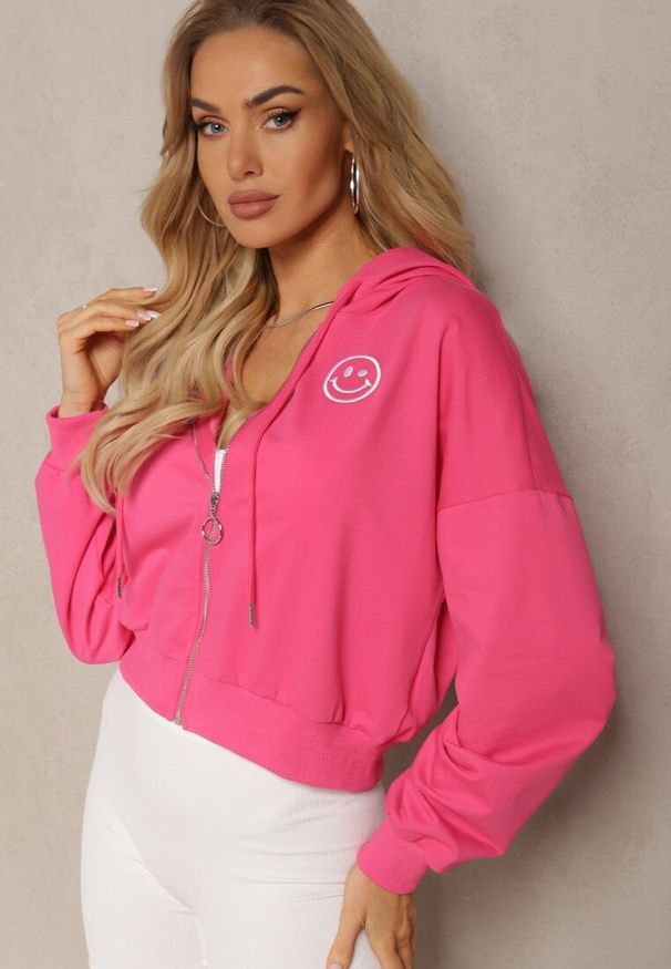 Renee - Fuksjowa Bluza Rozpinana z Wyszytą Emotką i Kapturem Cornoria. Okazja: na co dzień. Kolor: różowy. Materiał: dzianina. Długość rękawa: długi rękaw. Długość: długie. Styl: młodzieżowy, casual