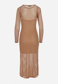 Born2be - Brązowa Sukienka Siateczkowa w Prążki z Wiskozą Niniria. Okazja: na co dzień. Kolor: brązowy. Materiał: wiskoza. Długość rękawa: na ramiączkach. Wzór: prążki. Typ sukienki: proste. Styl: casual, elegancki #4