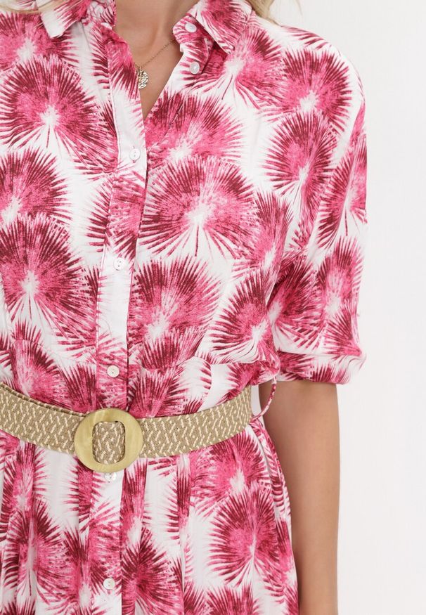 Born2be - Fuksjowa Rozkloszowana Sukienka Maxi z Plecionym Paskiem i Wsuwanymi Kieszeniami Suttyn. Kolor: różowy. Długość rękawa: długi rękaw. Sezon: wiosna, lato. Długość: maxi