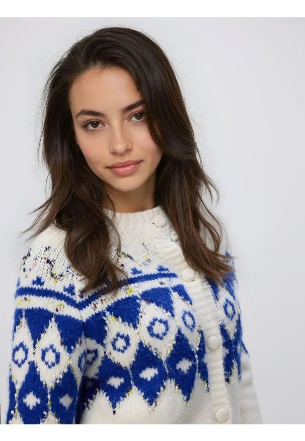 Reserved - Wzorzysty kardigan - niebieski. Kolor: niebieski. Materiał: dzianina, wełna