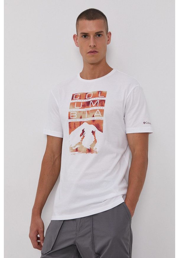 columbia - Columbia - T-shirt bawełniany. Okazja: na co dzień. Kolor: biały. Materiał: bawełna. Wzór: nadruk. Styl: casual