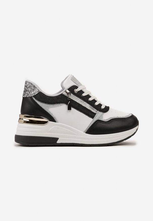 Renee - Czarno-Białe Sneakersy z Metaliczną i Brokatową Wstawką na Koturnie Neomalle. Kolor: czarny. Obcas: na koturnie