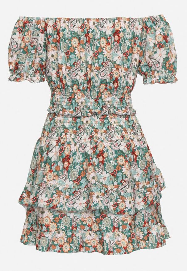 Born2be - Zielony Komplet 2-Częściowy Bluzka Typu Hiszpanka Spódnica z Falbanką i Gumką w Talii Dimonna. Kolor: zielony