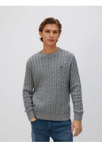 Reserved - Sweter z warkoczowym splotem - szary. Kolor: szary. Materiał: dzianina, bawełna. Wzór: ze splotem