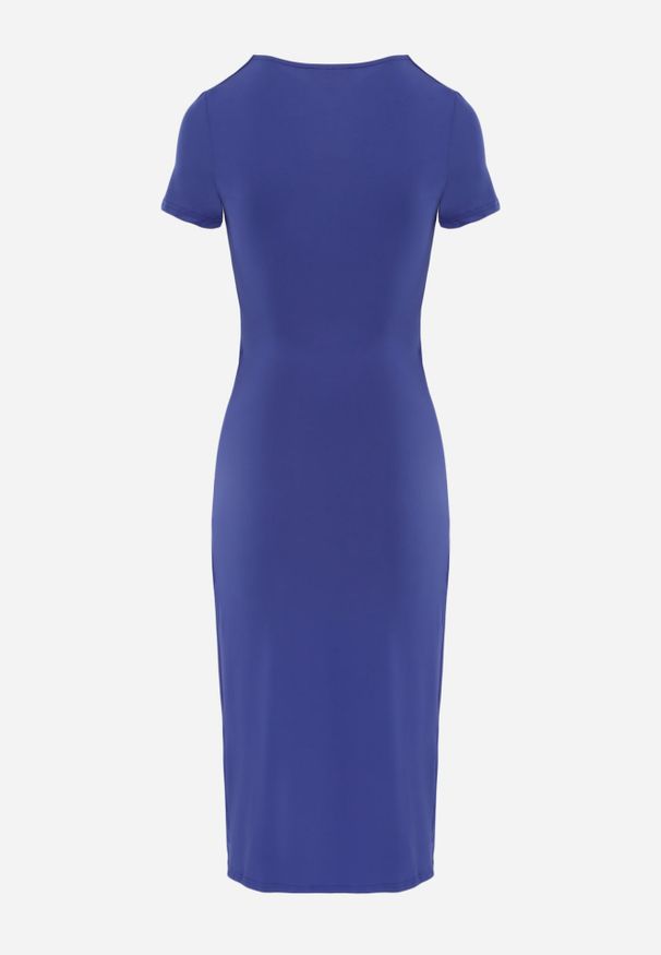 Renee - Granatowa Kopertowa Sukienka Midi z Krótkim Rękawem i Ozdobnym Węzłem Katasia. Kolor: niebieski. Materiał: dzianina. Długość rękawa: krótki rękaw. Typ sukienki: kopertowe. Długość: midi