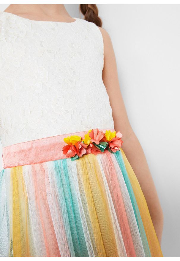 bonprix - Sukienka midi z delikatnej koronki i tiulu. Kolor: biały. Materiał: tiul, koronka. Wzór: koronka. Długość: midi