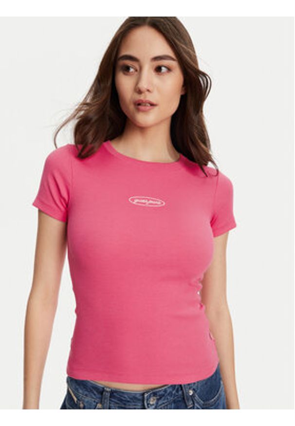 Guess Jeans T-Shirt W5YP37 KA0H1 Różowy Slim Fit. Kolor: różowy. Materiał: bawełna