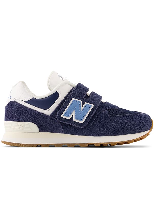 Buty dziecięce New Balance PV574CU1 – granatowe. Okazja: na co dzień, na uczelnię. Zapięcie: rzepy. Kolor: niebieski. Materiał: syntetyk, materiał, zamsz, guma. Szerokość cholewki: normalna. Model: New Balance 574. Sport: turystyka piesza