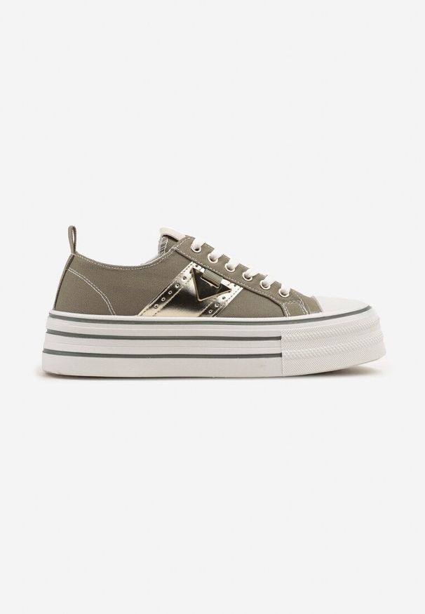 Born2be - Zielone Trampki na Grubej Podeszwie z Metaliczną Wstawką Telarella. Okazja: na spacer, na co dzień. Kolor: zielony. Materiał: jeans. Styl: casual
