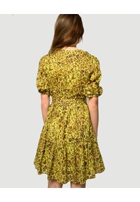 Pinko - PINKO - Żółta mini sukienka w cętki Nuvoloso. Kolor: brązowy. Materiał: bawełna, zamsz. Wzór: aplikacja. Styl: boho. Długość: mini