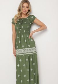 Born2be - Zielona Sukienka z Wiskozy ze Wzorem Boho Ellirose. Okazja: na co dzień. Kolor: zielony. Materiał: wiskoza. Wzór: aplikacja. Sezon: wiosna. Styl: boho #4