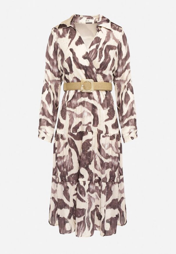 Born2be - Beżowo-Brązowa Kopertowa Sukienka w Abstrakcyjny Wzór z Gumką w Talii i Paskiem Zinnitaria. Okazja: na co dzień. Kolor: beżowy. Materiał: jeans. Typ sukienki: kopertowe. Styl: casual, klasyczny