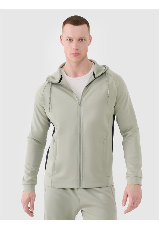 4f - 4F Bluza treningowa szybkoschnąca męska - khaki S. Okazja: na co dzień. Typ kołnierza: kaptur. Kolor: oliwkowy, brązowy, wielokolorowy. Materiał: dzianina, włókno, syntetyk, materiał, elastan. Długość rękawa: raglanowy rękaw. Wzór: gładki, ze splotem. Styl: sportowy, casual. Sport: fitness