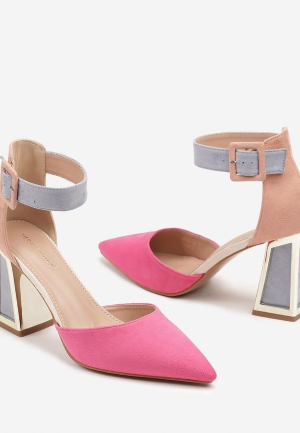 Born2be - Fuksjowe Czółenka na Stożkowym Obcasie Ozdobione Metaliczną Wstawką Xariri. Okazja: na spotkanie biznesowe, na imprezę, do pracy. Zapięcie: sprzączka. Kolor: różowy. Wzór: aplikacja. Obcas: na obcasie. Styl: biznesowy, elegancki, wizytowy. Wysokość obcasa: średni