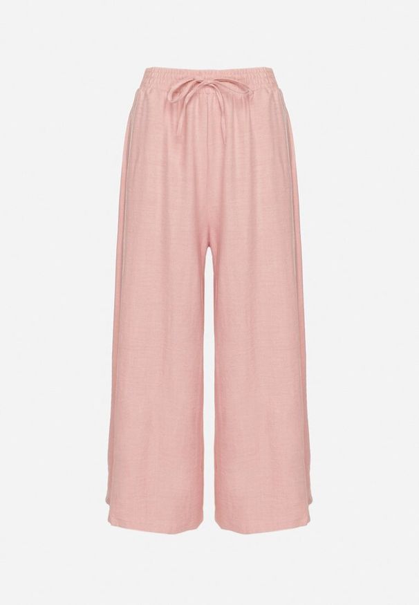 Born2be - Różowe Spodnie o Szerokim Kroju z Wysokim Stanem i Wiązaniem Telarieta. Okazja: na co dzień. Stan: podwyższony. Kolor: różowy. Materiał: len. Styl: klasyczny, casual, elegancki